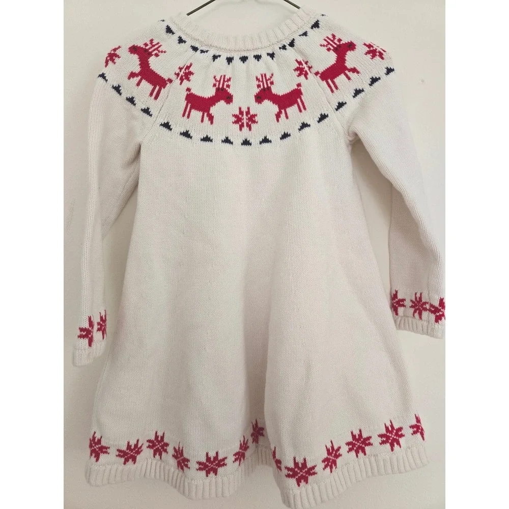 Hanna Andersson Girls Reindeer Fair Isle Sweater Dress White Red Size 100 US‎ 4T